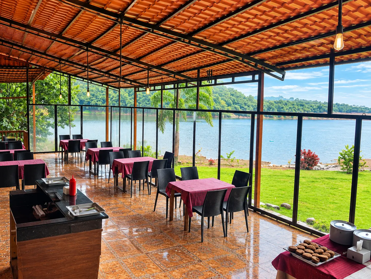 Group dining seating at Viva Andur lake view farmhouse