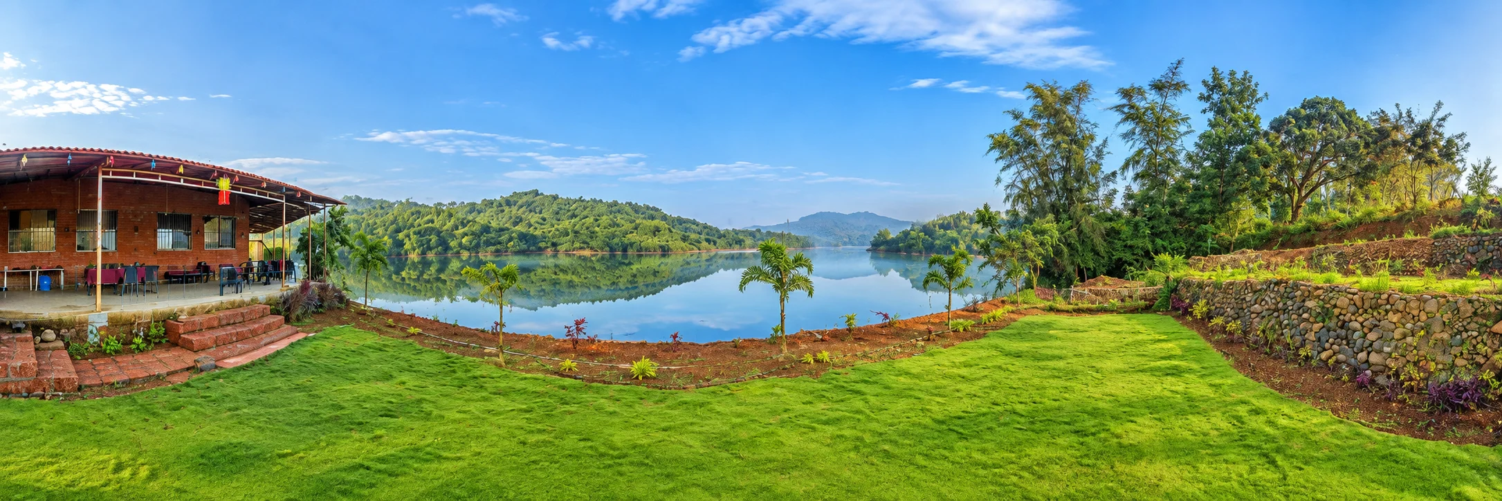 Panoramic lake view from Viva Andur farmhouse near Gaganbawada
